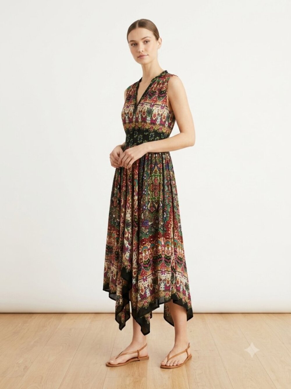 Bila Dress Peasant Festival Midi Multicolor Sleeveless Asymmetrical M